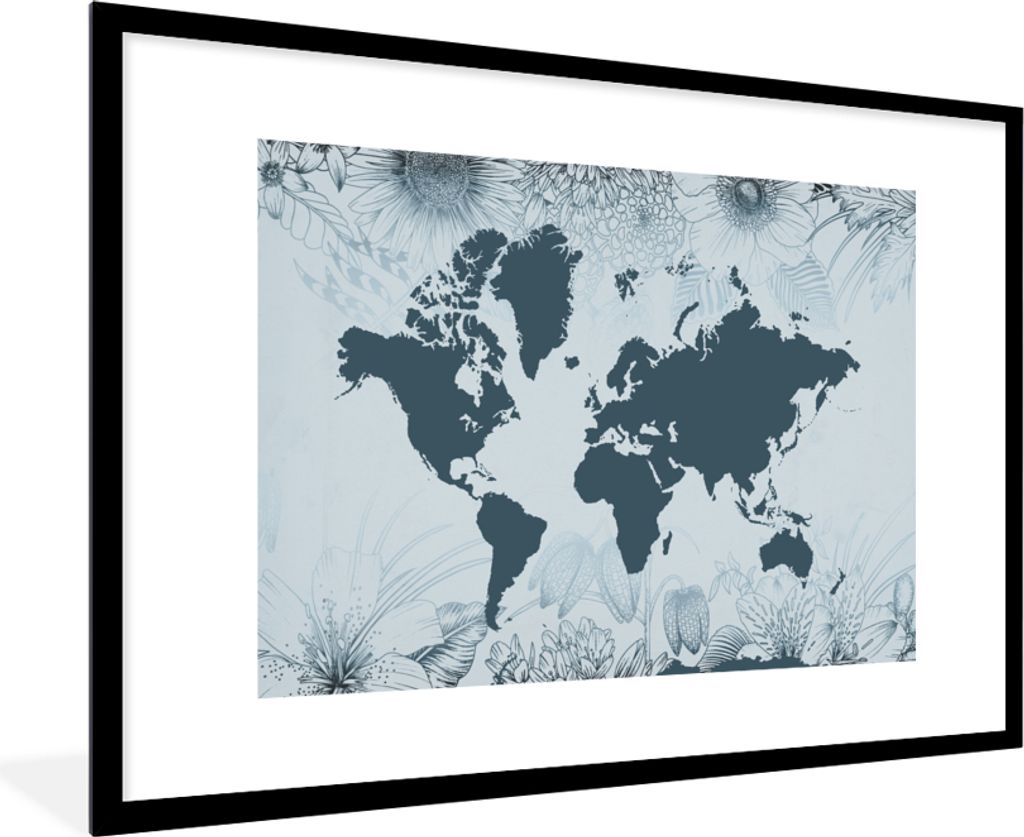 MuchoWow MuchoWow Gerahmtes Poster Weltkarte - Retro - Blumen 90x60 cm - Poster mit zchwarzem Bilderrahmen - Wanddekoration - Fotos