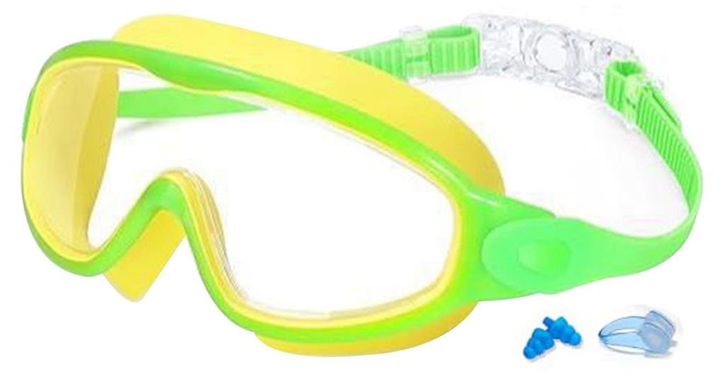 Schwimmbrille für Kinder mit Nasenclip und Ohrstöpseln, beschlagfrei, UV-Schutz, bruchsichere Gläser für Jungen und Mädchen (E)