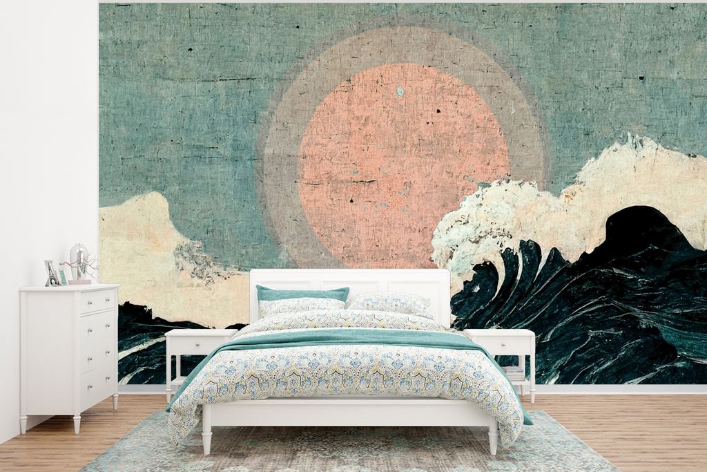 MuchoWow Fototapete für Wohnzimmer oder Schlafzimmer Wandtapete Vinyl Motivtapete Jahrgang - Meer - Wellen - Sonne - 350x260 cm - Wohnzimmer-Tapete