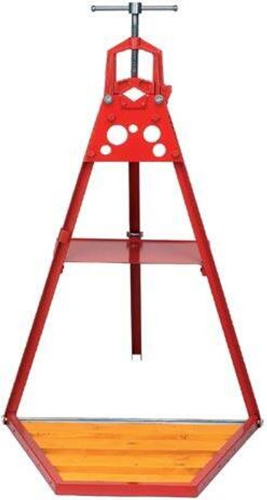 A red pipe vise stand on a white background.
