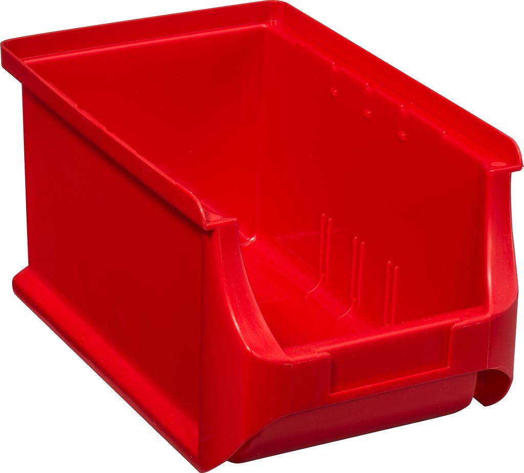 A red plastic storage bin is shown against a white background.