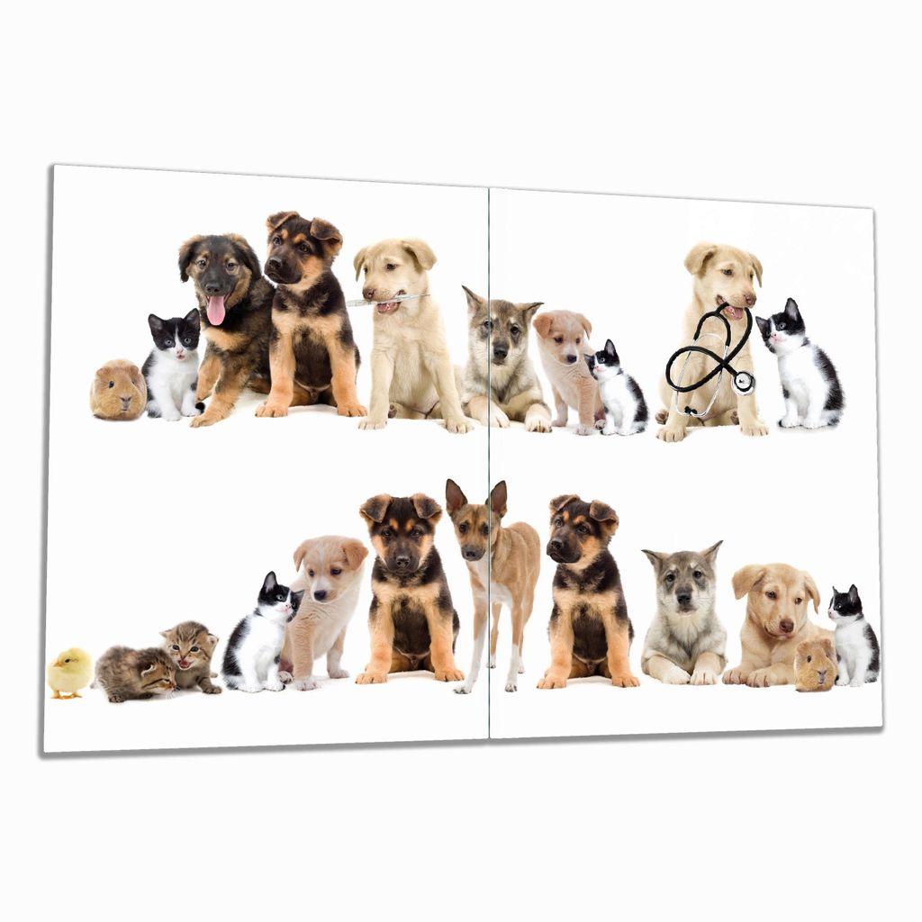 Wallario Herdabdeckplatte aus Glas, Größe 80 x 52 cm 2-teilig, Motiv Süße Haustiere - Katzen Hunde Hamster Küken