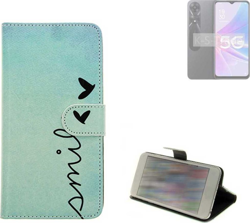 K-S-Trade Schutz Hülle Handy Hülle kompatibel mit Oppo A1 Energy Edition 5G Hülle Handyhülle cover bookstyle Etui Handyhülle “smile“ türkis
