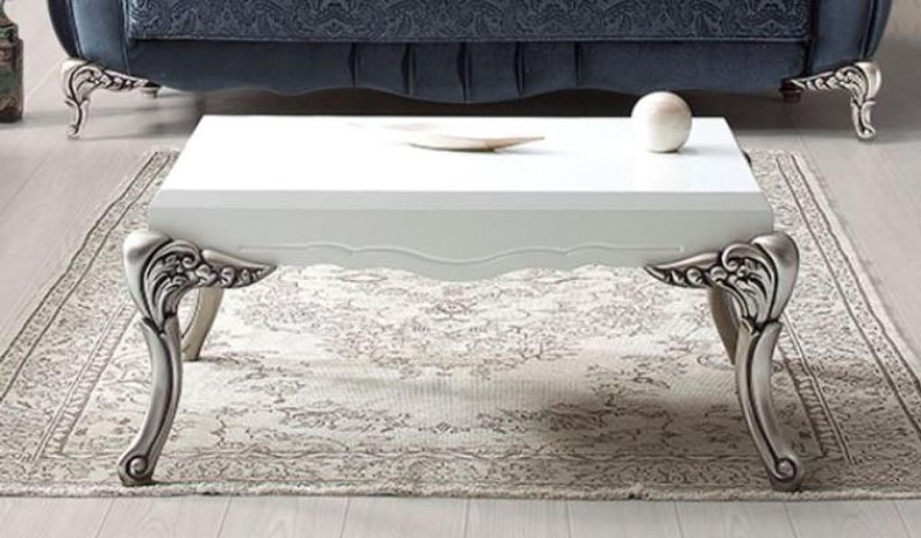Casa Padrino Luxus Barock Couchtisch Weiß / Silber 104 x 69 x H. 45 cm - Eleganter Massivholz Wohnzimmertisch - Wohnzimmer Möbel im Barockstil