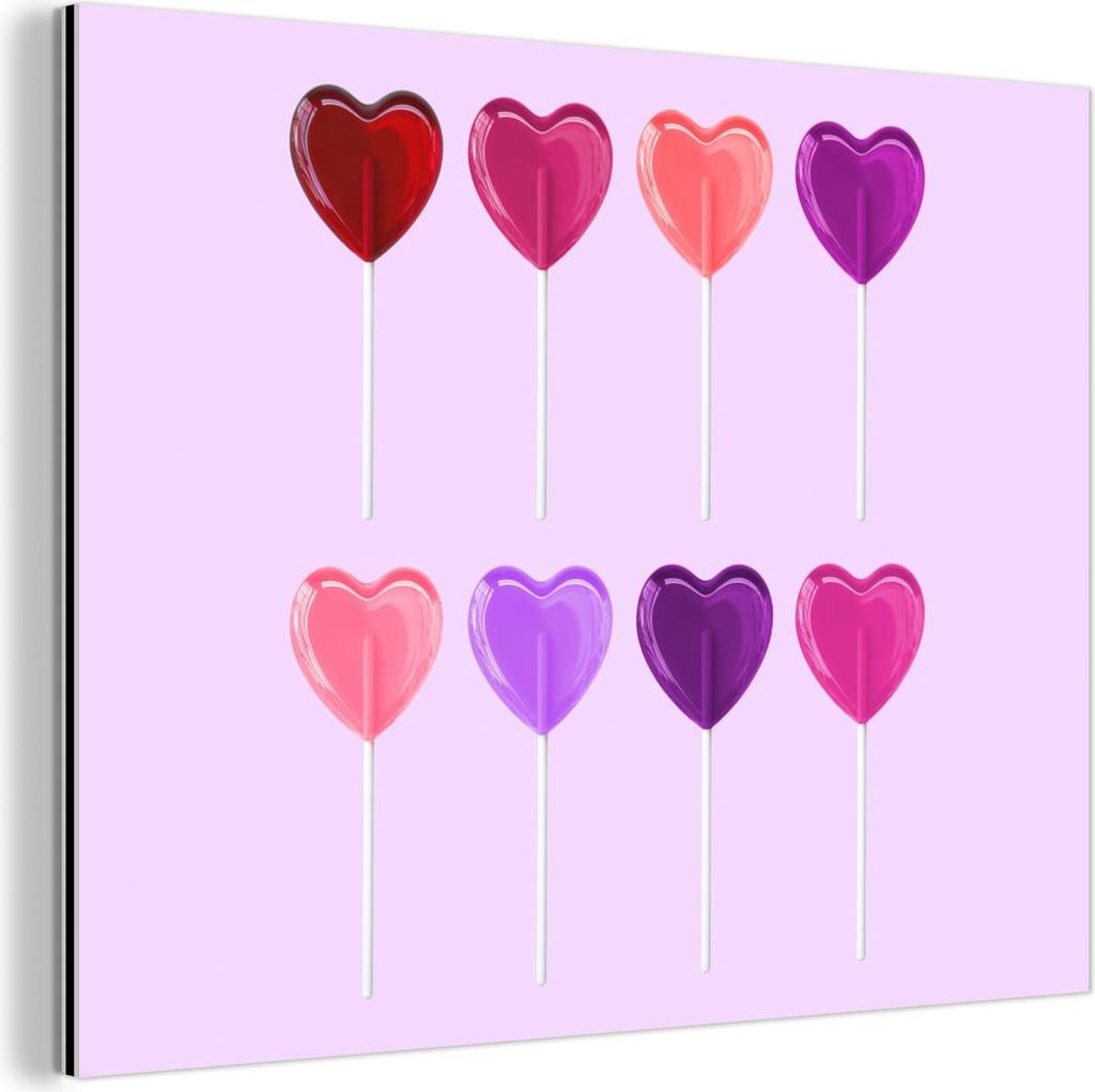 MuchoWow Wanddekoration Metall Metallbild Wandkunst 80x60 cm Lutscher - Herz - Rosa - Bonbon MuchoWow Aluminium Gemälde - Alubild