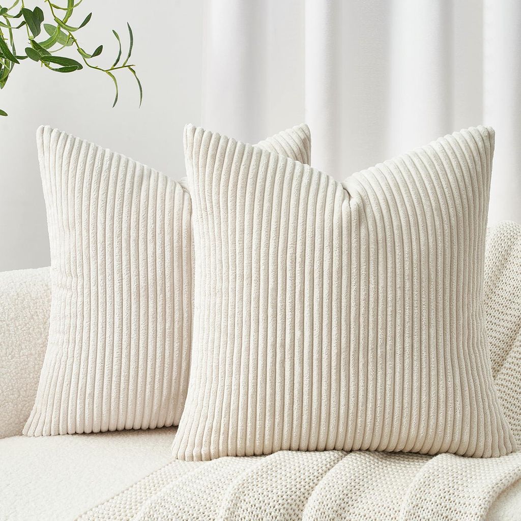 Set aus 2 Kissenbezügen 80x80 cm aus cremefarbenem Cord mit Streifenmuster, dekorative Kissen für das Sofa, Zierkissen für das Wohnzimmer.