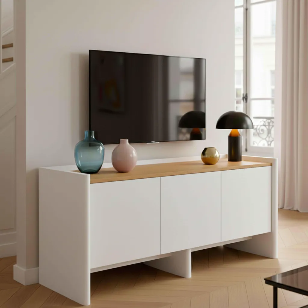 Meuble de salon pour téléviseur 120 cm blanc uni design scandinave Gina