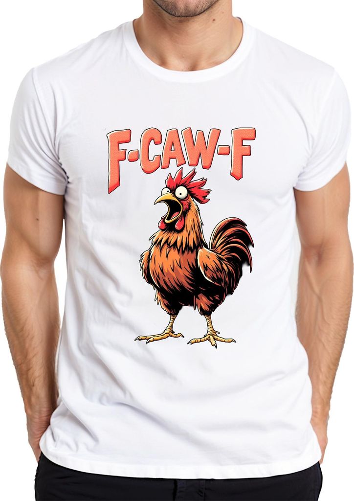 F CAW-F Lustiger Hahn Cartoon Bauernhof Geschenk Vintage Humor Herren T-Shirt, Weiß, L