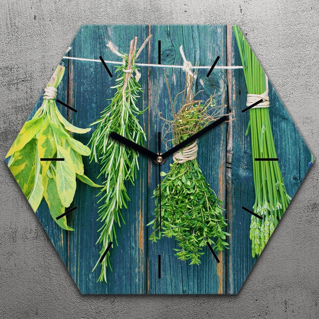 Uhr hexagonal 40 cm Glas Geräuschlos schwarze Zeiger - Hängende Kräuter Herbs