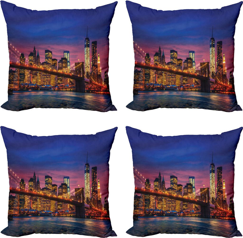 ABAKUHAUS New York Kissenbezug Set (4 Stück), NYC mit Neon, Moderner Doppelseitiger Digitaldruck, 50 cm x 50 cm, Pink Blau