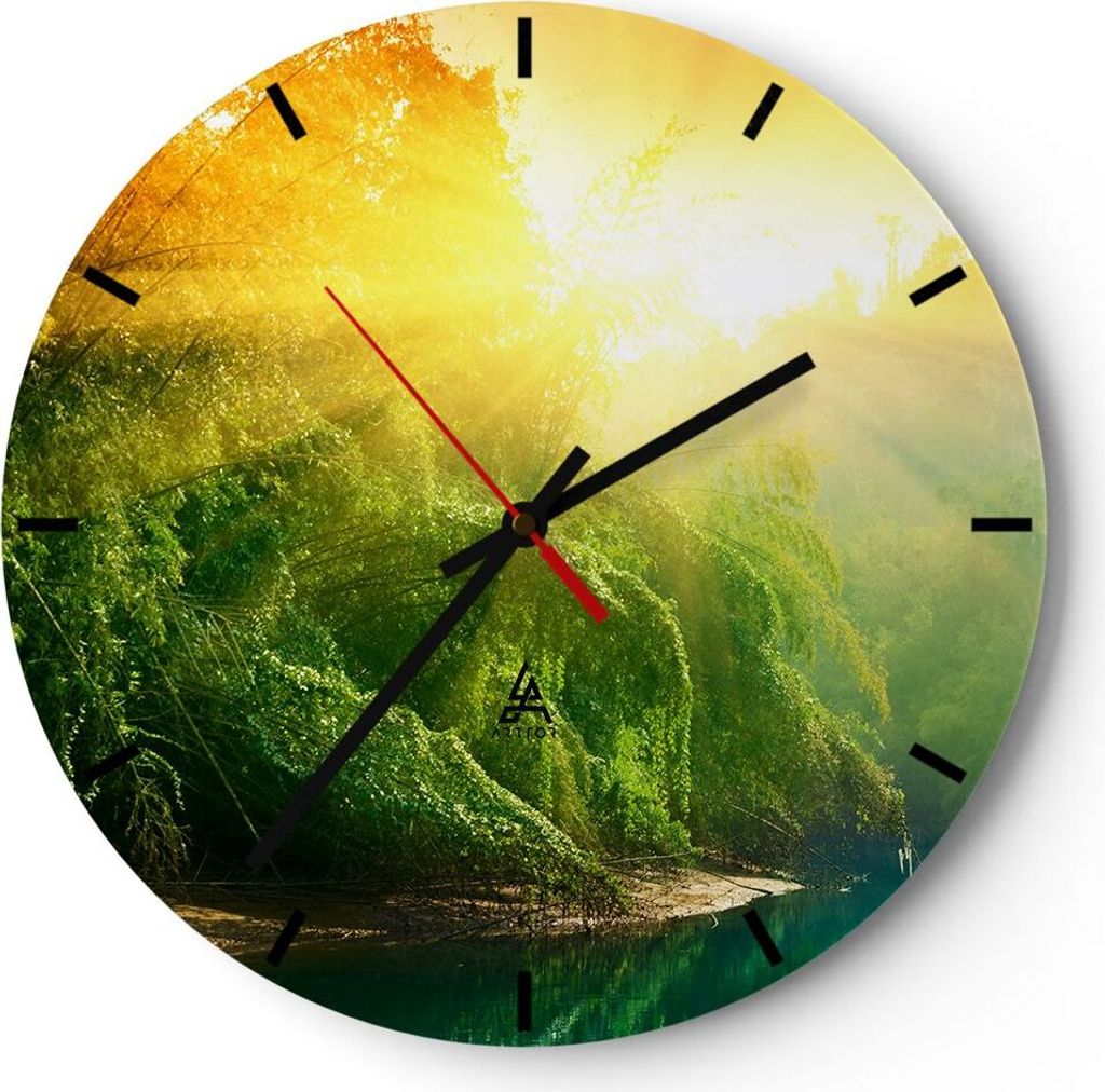 Wanduhr - Rund - Glasuhr - Tropen Bäume Fluss - 30x30cm - Schleichendes Uhrwerk - Lautlos - zum Aufhängen bereit - Dekoration Modern - Wanddekora...