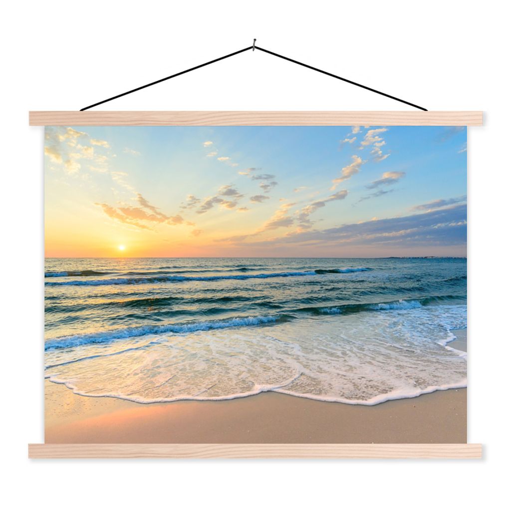 MuchoWow Textilposter Strand - Meer - Sonnenuntergang - Golf 120x90 cm mit holzfarbenen Rahmen - Magnetisch