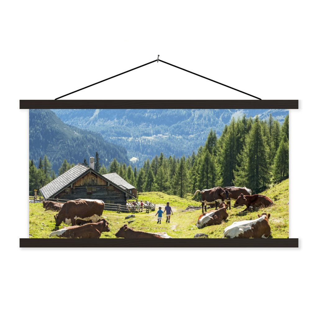MuchoWow Textilposter Bauernhaus in den Bergen von Österreich 150x75 cm mit schwarzem Rahmen - Posterleiste