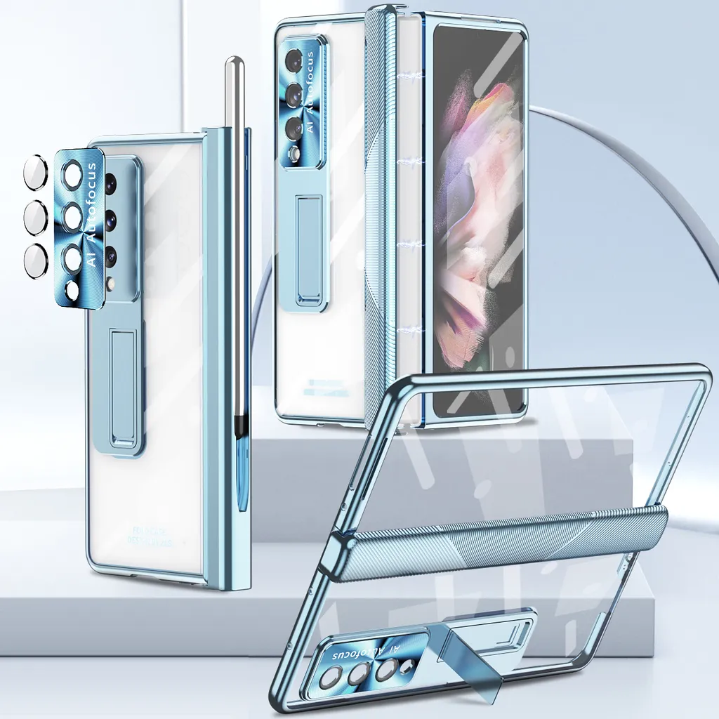 Custodia per Samsung Galaxy Z Fold 3 Cerniera magnetica, supporto, portapenne, custodia protettiva con lente e pellicola per schermo Blu