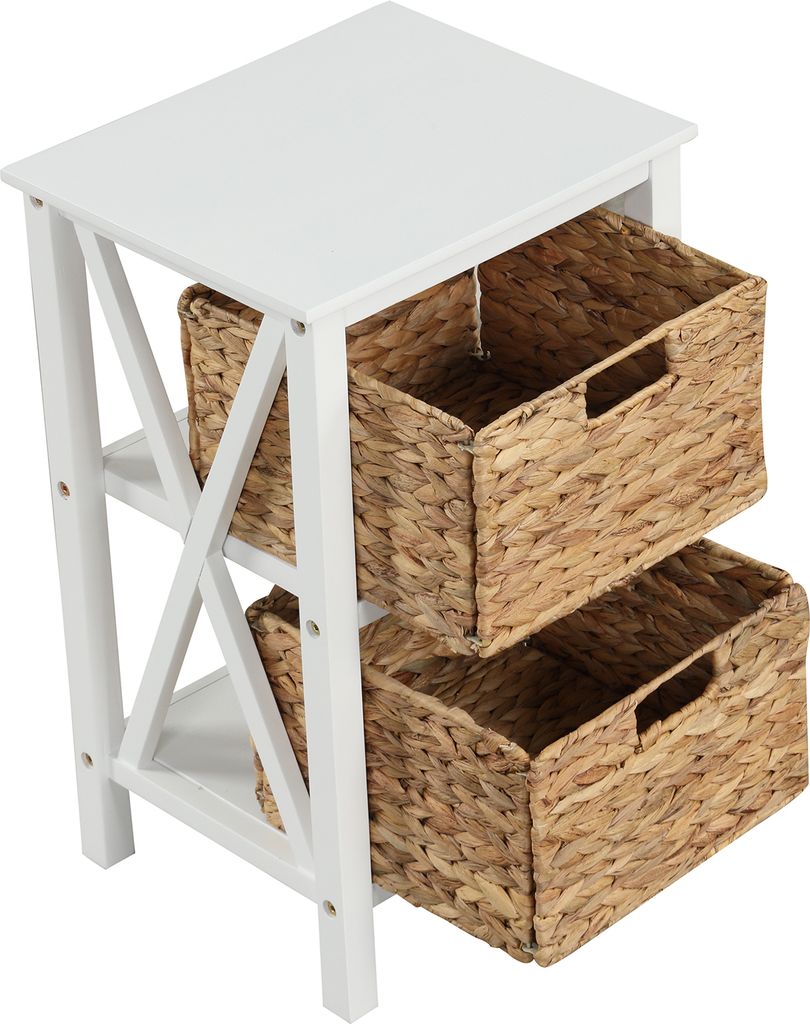COSTWAY 3-stufiger Nachttisch mit 2 Seegraskörben, schmaler X-Design Beistelltisch weiß