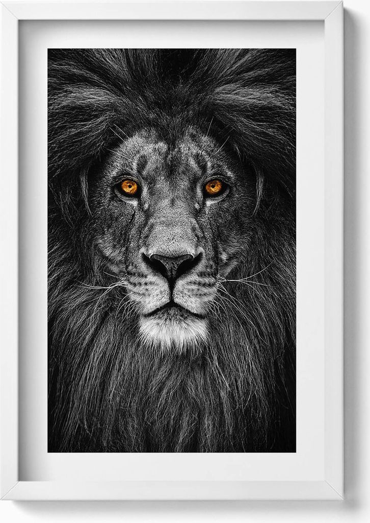 Schwarz-weißer Löwenkopf– Wandbild mit Rahmen – Gerahmtes Bild – Wanddekoration – 40x60 cm – Weiß