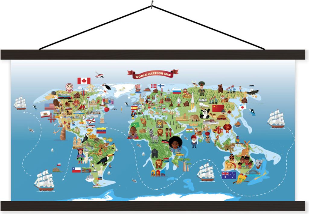 MuchoWow Textilposter Eine Karikatur einer Weltkarte 120x60 cm mit schwarzem Rahmen - Dekoration Schlafzimmer