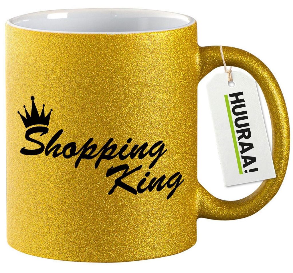 Huuraa Glitzertasse Shopping King Krone 330ml Gold Keramik Kaffeebecher Geschenkidee