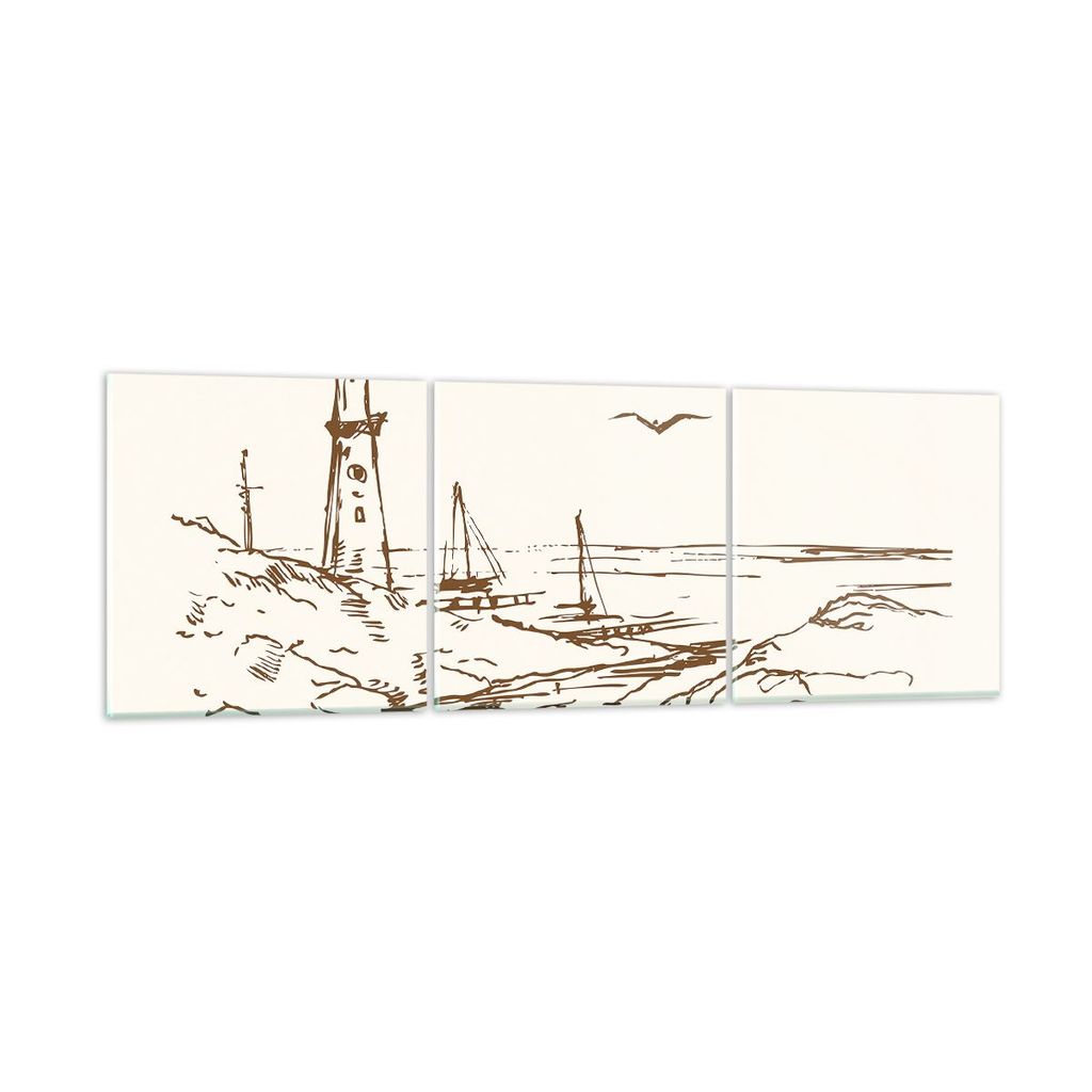 Bilder auf glas - 3 Teile - Skizze Küste Laterne - 120x40cm - Glasbilder - Wandbilder - Bilder - zum Aufhängen bereit - Wanddekoration aus Glas -...