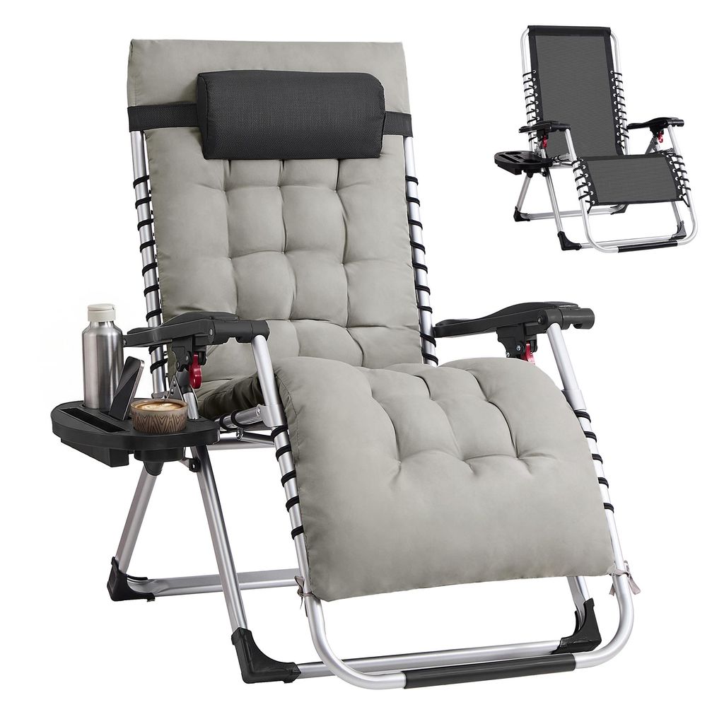 SONGMICS Klappbare Relaxliege mit Stahlrahmen, abnehmbarem Kissen, Liegestuhl für Garten und Balkon, Tasche, Tablett, hellgrau