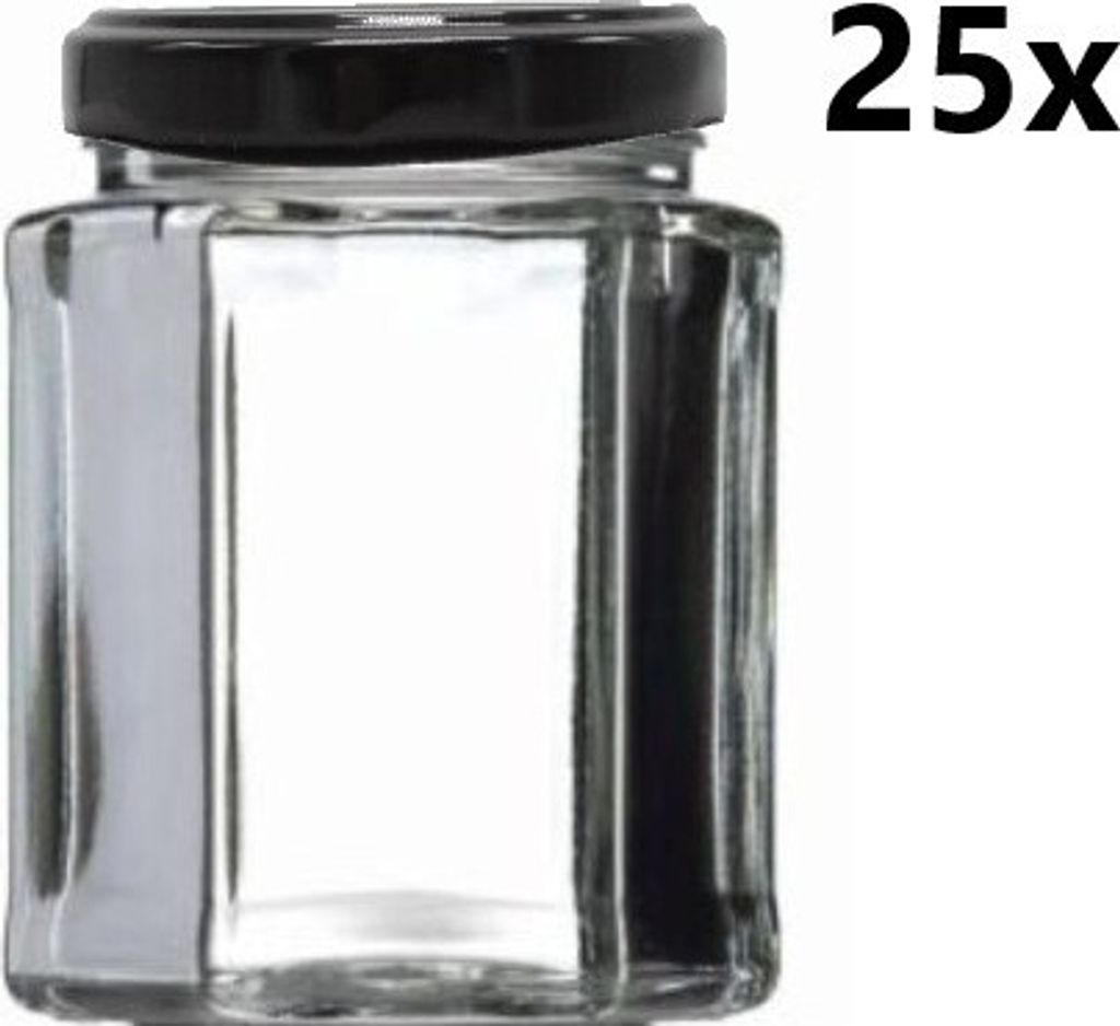 Einmachglas 278 ml HEXAGON klar/transparent 25 Stück INKLUSIVE SCHWARZEN DECKELn, Anzahl der Teile in der Packung: 25