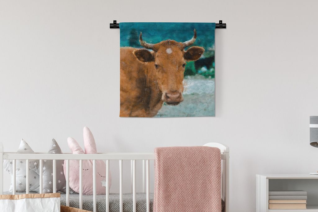 MuchoWow Wandteppich Wandbehang Kuh - Zeichnung - Braun 60x60 cm Tapisserie Dekoration Wandtuch - Dekorationen - Wand Decke
