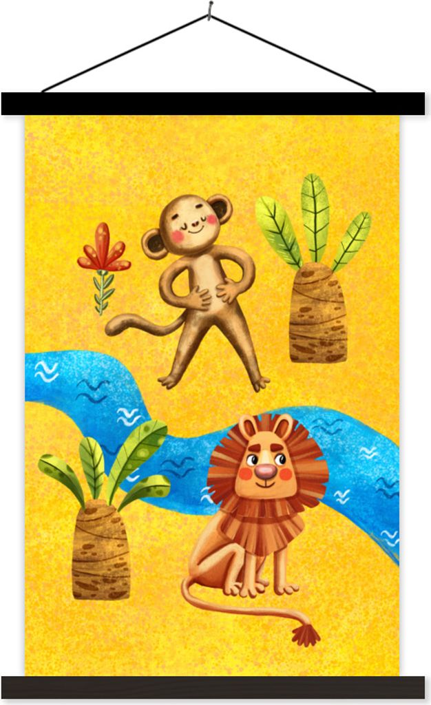 MuchoWow Textilposter Affe - Löwe - Palme - Wasser 40x60 cm mit schwarzem Rahmen - Wanddekorationen