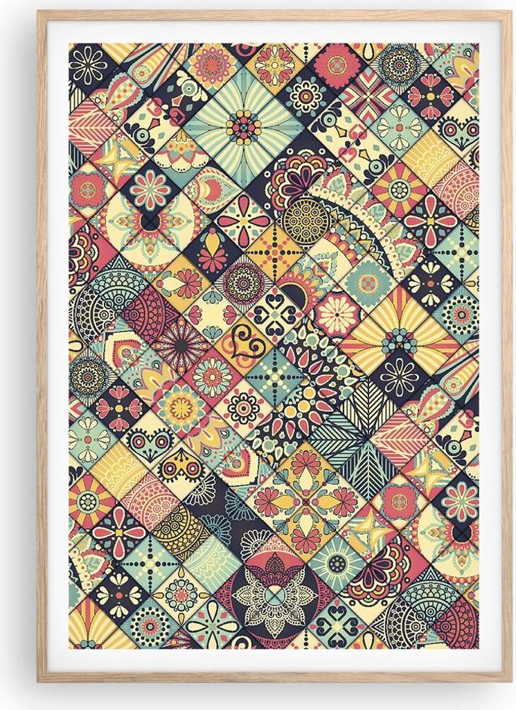 Gerahmtes Poster - Rahmen in heller Eiche - Blumen Mosaik - 70x100 cm - Wand Bild - Wanddeko - Wandbilder - Kunstposter - Wandposter - Bilderrahmen...