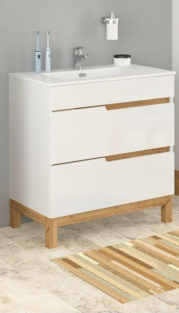 Badmöbel Set SPEK 80 mit Waschbecken Keramik WEISS HOCHGLANZ / EICHE MATT LED Waschbecken Waschbeckenunterschrank