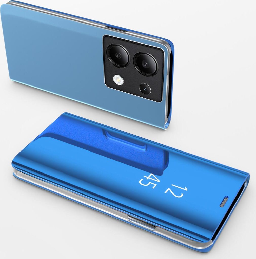 A blue smartphone with a flip case is shown, with the phone itself in the background and the case in the foreground.