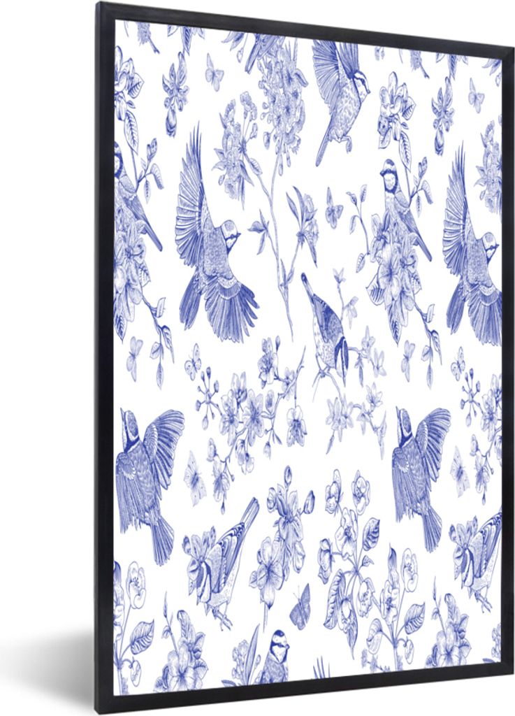 MuchoWow MuchoWow Gerahmtes Poster Vintage - Vogel - Blau 60x90 cm - Poster mit zchwarzem Bilderrahmen - Kunst