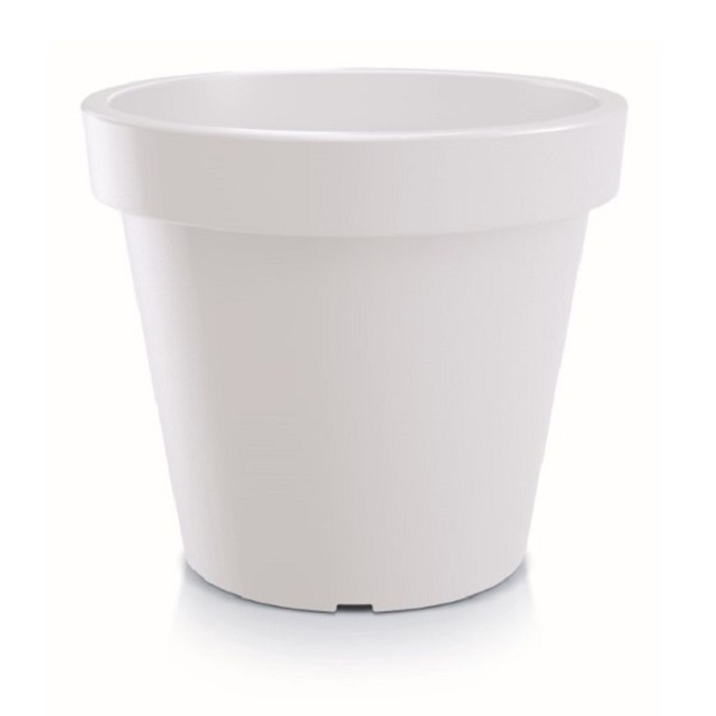 A white, round planter pot shown from the front on a white background.