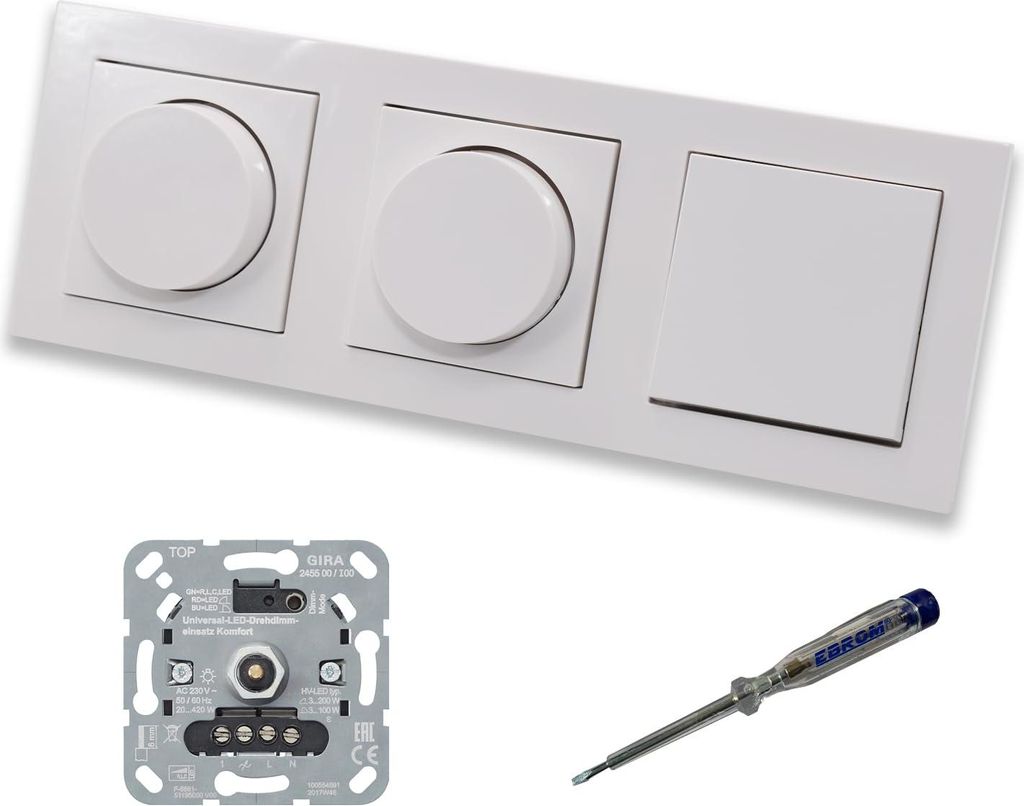 GIRA 245500 (2 x) LED Drehdimmer Dimmer + Dimmerscheiben Zentralscheiben 065003 und Lichtschalter 010600 in Gira E2 reinweiß glänzend inklusive E...