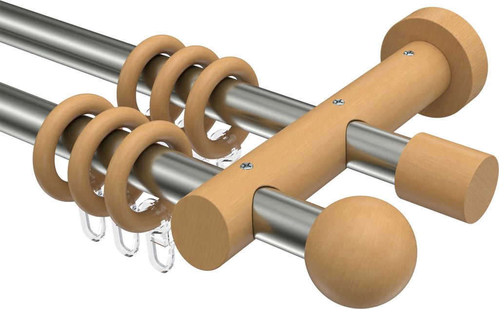 Interdeco Gardinenstange / Vorhangstange Edelstahl / Buche lackiert, Typ Talena Luina (Kugel), 20 mm Ø 2-läufig, 220 cm