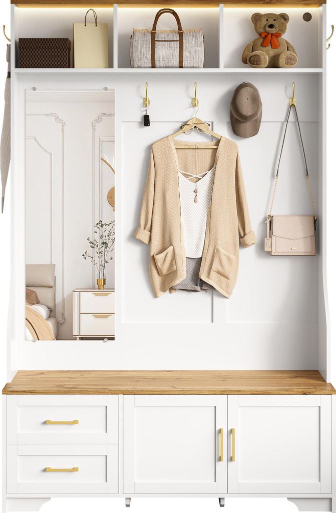 AIORBER Multifunktionaler Flur- & Schuhschrank mit LED, Spiegel & Sitzbank – Moderner Garderobenschrank aus MDF mit Stauraum & Haken, Weiß-Holz