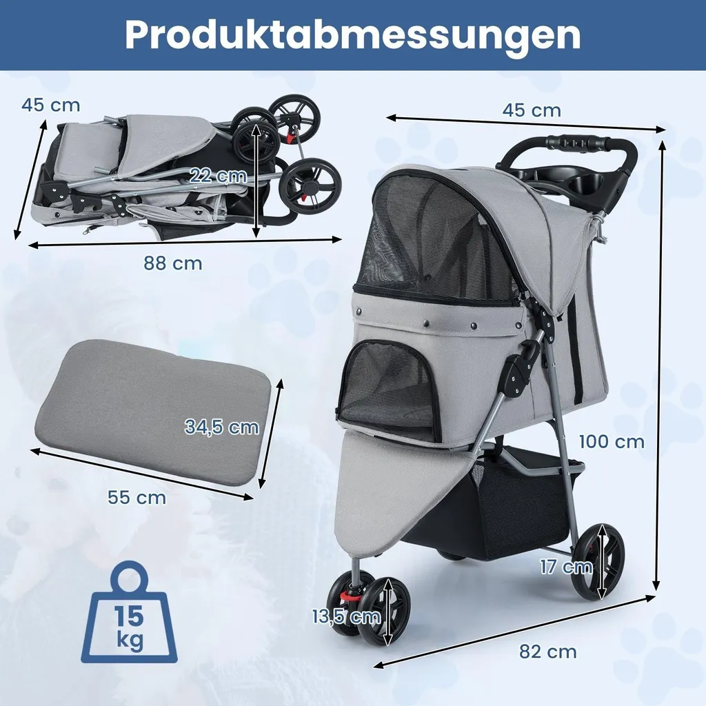 Poussette pour animaux pliable grise, capote ajustable et roues 360° - 2
