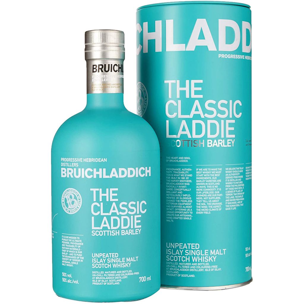 A bottle of Bruichladdich The Classic Laddie Scottish Barley Unpeated Islay Single Malt Scotch Whisky and its matching cylindrical presentation tube, both in a teal color.