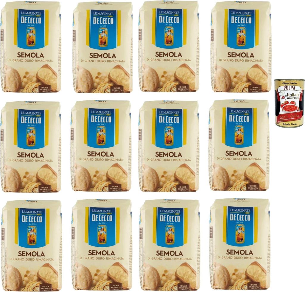 De Cecco Hartweizengrieß - Semola di grano duro rimacinata, Grieß durum 12x 1kg + Italian Gourmet polpa 400g