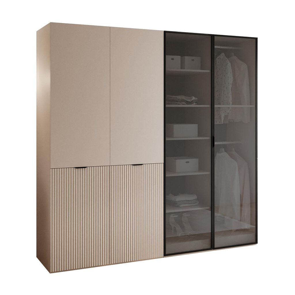 Kippschrank SANDBOX 200, mit LED Belechtung, Beige Sand / Beige Sand + Schwarzes Glass