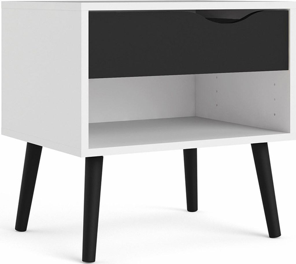 Napoli Nachttisch mit 1 Schublade und 1 Ablage in weiß und matt schwarz.