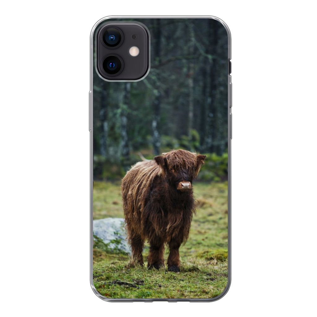 MuchoWow Handyhülle Schutzhülle Hülle für iPhone 12 mini Schottischer Hochländer - Wald - Moos Silikon Softcase Handy Hülle - Bild