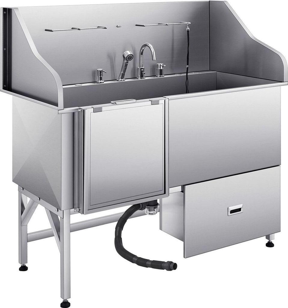 155 cm Hundepflege-Badewanne aus Edelstahl mit Rampe und Wasserfilter links