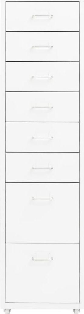 A tall, narrow white filing cabinet with seven drawers, each with a silver handle, is shown against a white background. The cabinet has small wheels at the bottom.