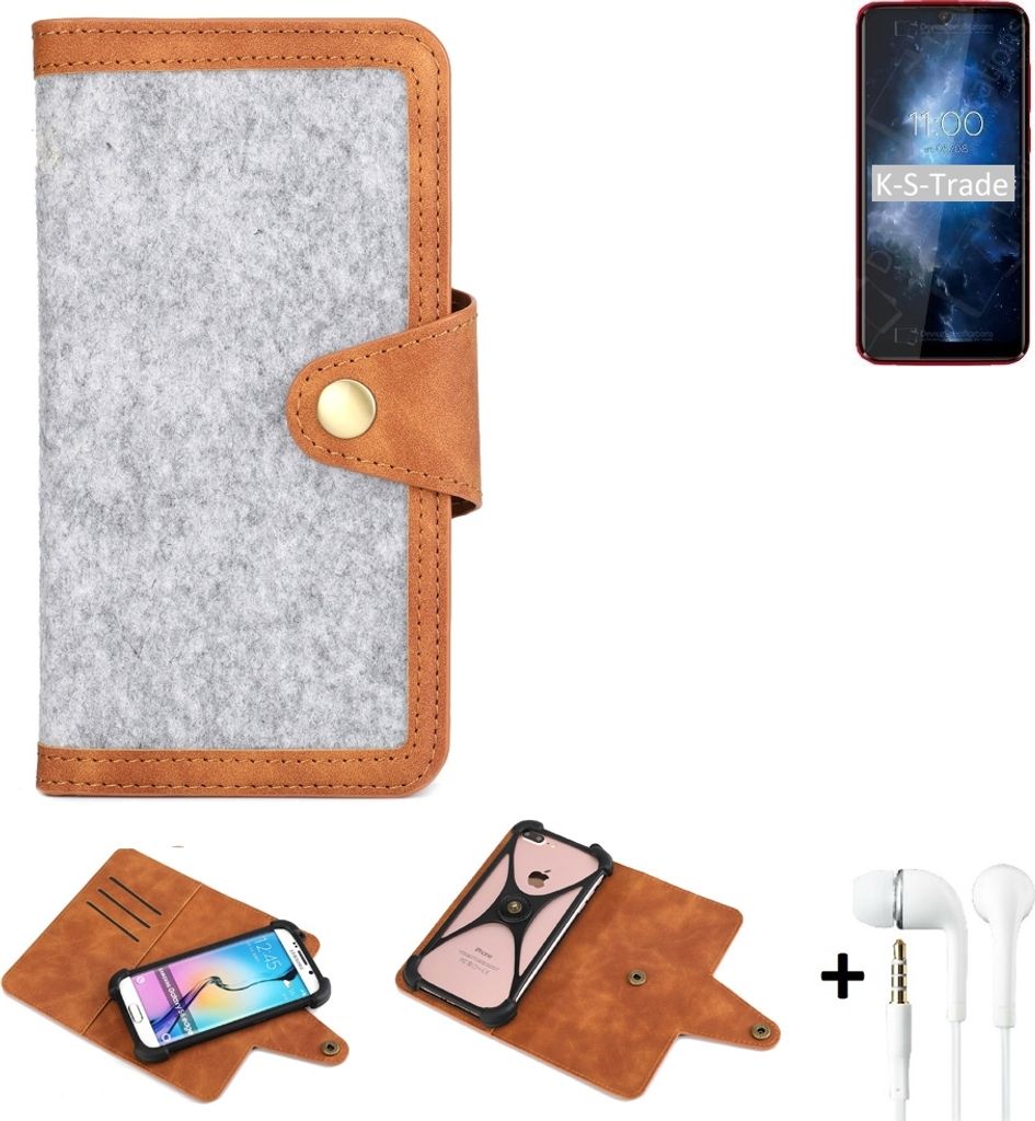K-S-Trade Handyhülle + Kopfhörer kompatibel mit BQ Mobile BQ-6061L Slim Schutzhülle Filz Hülle Kunstleder hellgrau braun (1x)