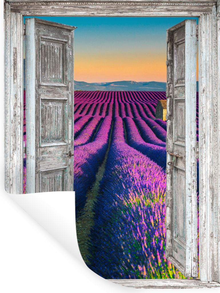 MuchoWow Wandtattoo Wandsticker Wandaufkleber Lavendel - Sommer - Ausblick - Blumen 90x120 cm Selbstklebend und Repositionierbar - Faltenfrei
