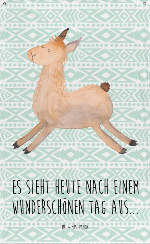 Mr. & Mrs. Panda Tapestry Lama Springen - Aztekenblau - Geschenk, Wandbehang, Guten Morgen, Lamas, Stoff Wandbild, Glück, Wandtuch, Tapisserie, St...