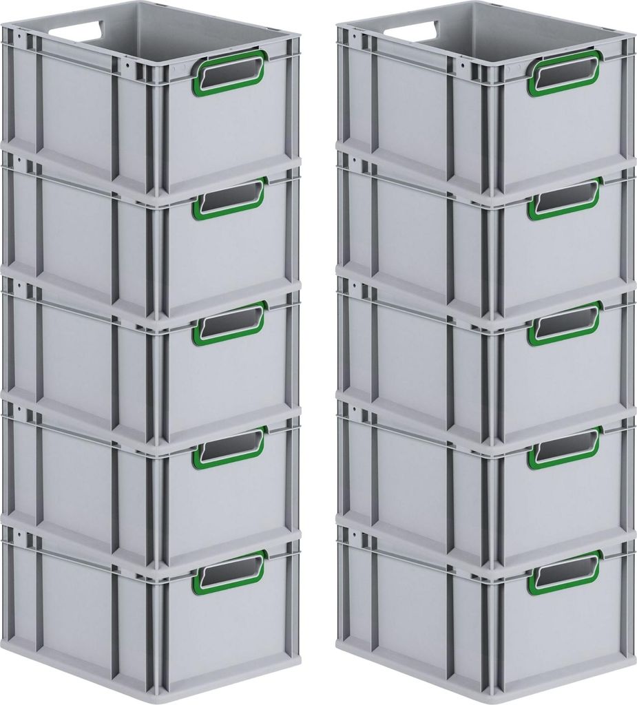 SuperSparSet 10x Eurobox NextGen Color | HxBxT 22x30x40cm | 20 Liter | Griffe grün offen | Glatter Boden | Eurobehälter, Transportbox, Transportb...
