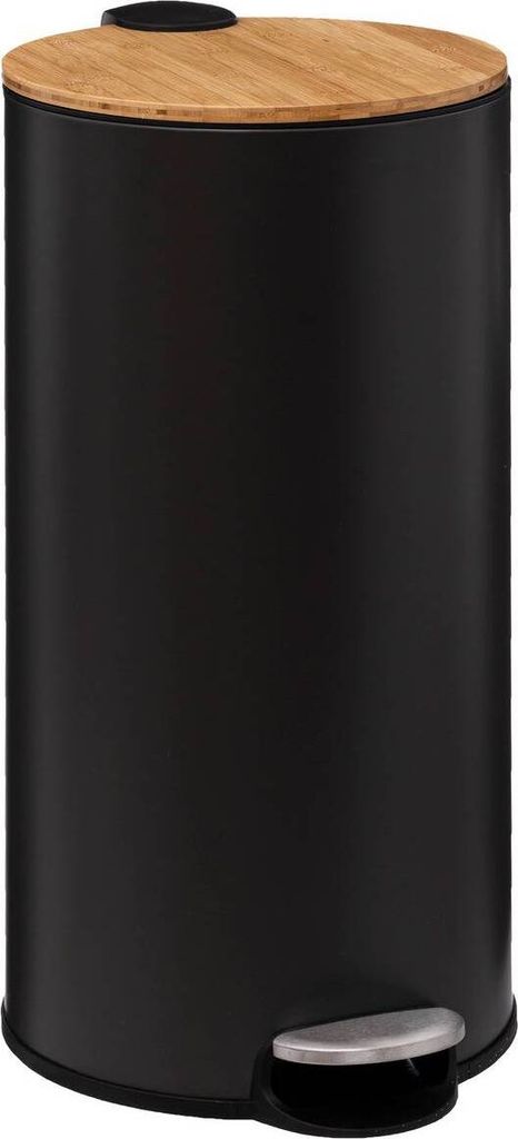 A black pedal bin with a bamboo lid and a silver pedal.