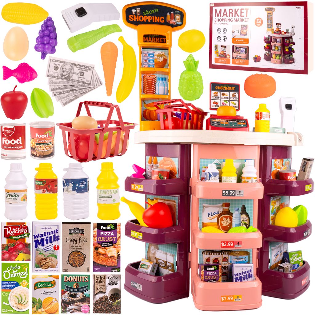 Malplay Shop Supermarkt für Kinder 44 Artikel, Kasse Korb Produktbild 