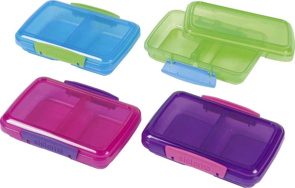 Four lunch boxes of different colors arranged in a collage.
